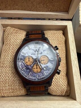 Avant Wood Men's Brown & Black Chronograph Watch with Mother-of-Pearl Dial